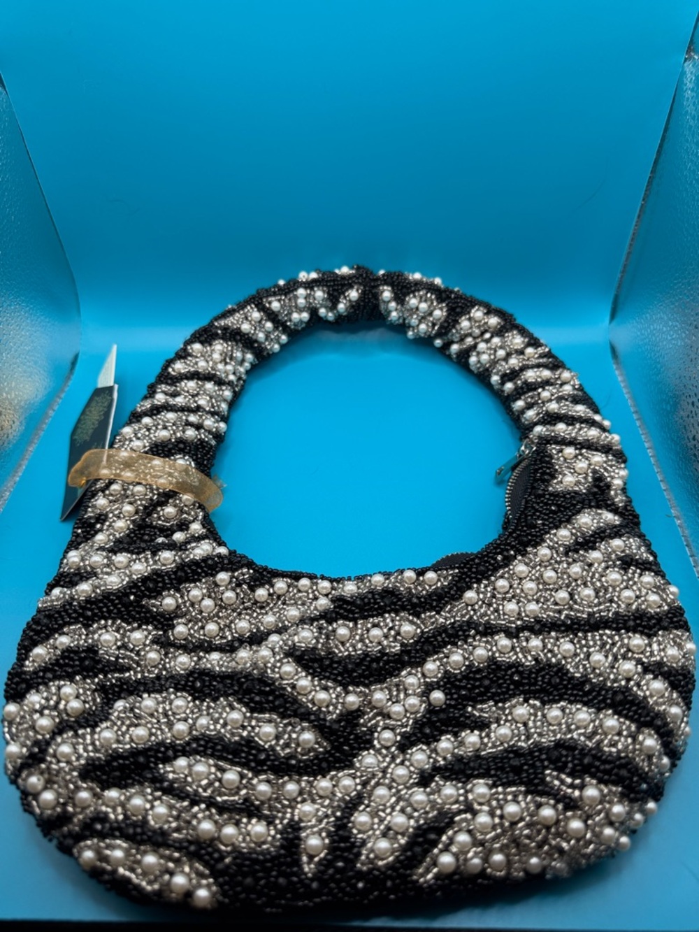 Beaded Black and White Pearl-Embellished Women’s Shoulder Bag